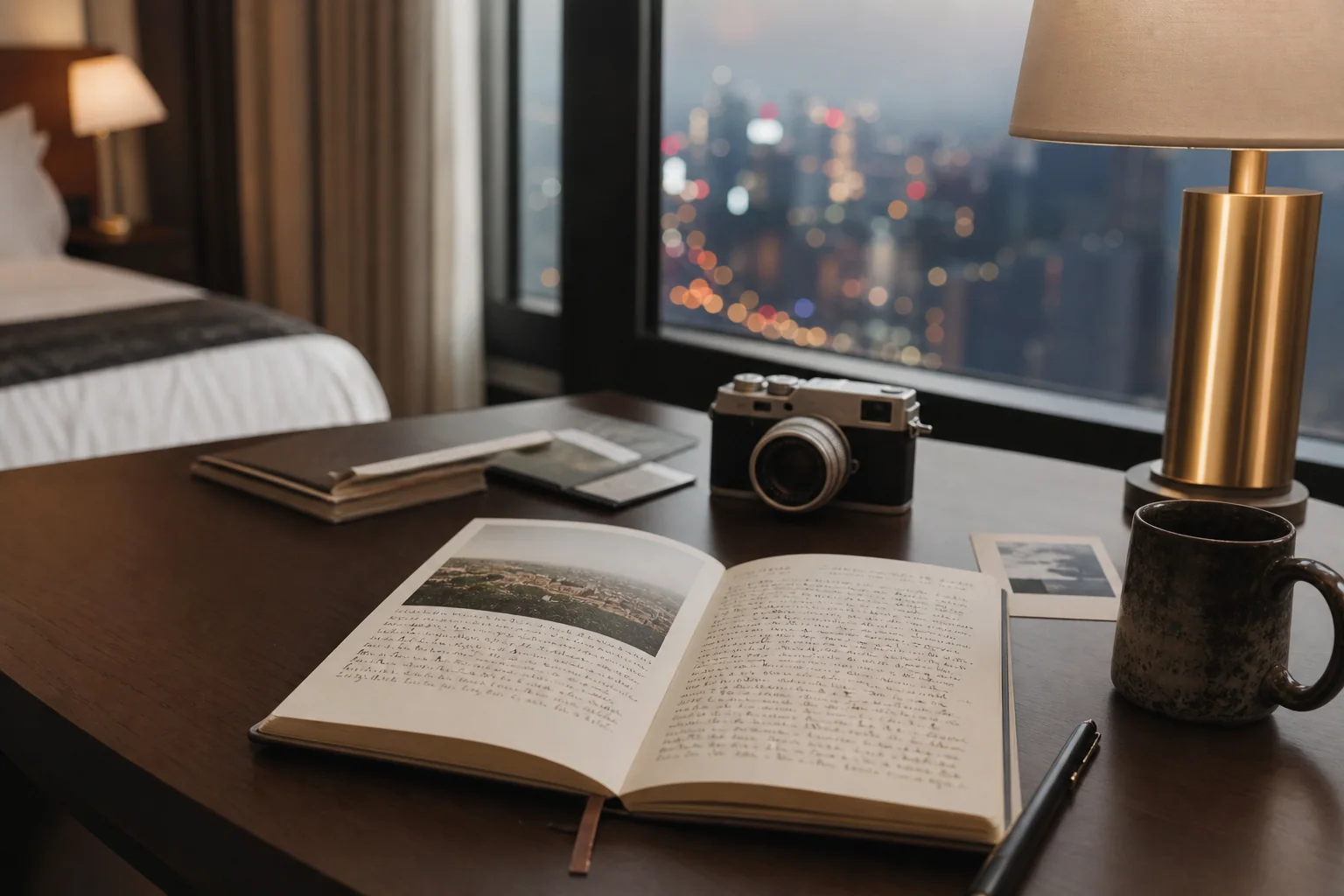 quiet hotel room desk, city lights, travel journal with an open writing journal